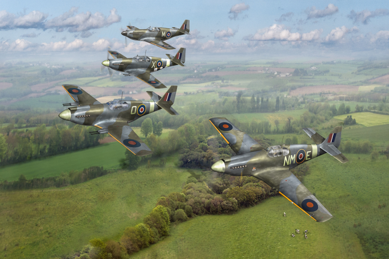 Four RAF Mustang fighter bombers in the air over countryside